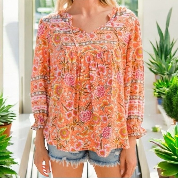 Umgee tangerine orange mix print floral top size M - Picture 1 of 14